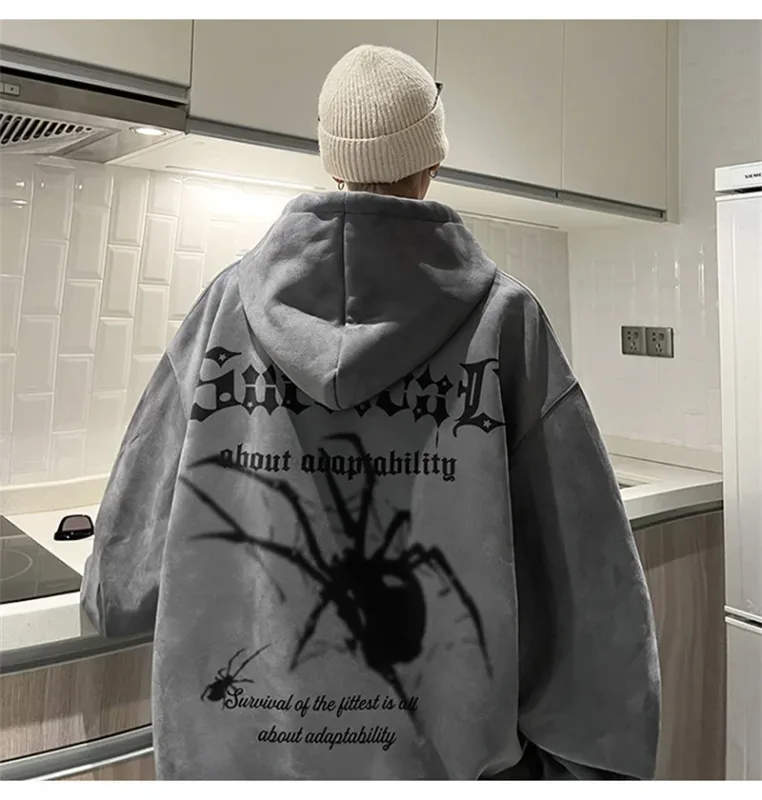 Autumn Gothic Spider Printed Hooded Sweatshirts Hombre Harajuku Streetwear Graphic Suede Hoodies Aesthetic Oversized Y2K Hoody
