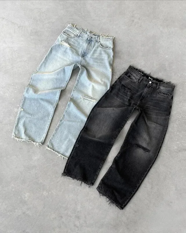 Straight Jeans Distressed Men Jean Ripped Holes Washed Denim Pants Ankle Length Loose Solid Zipper Fly Pockets Casual 2025 — image 8
