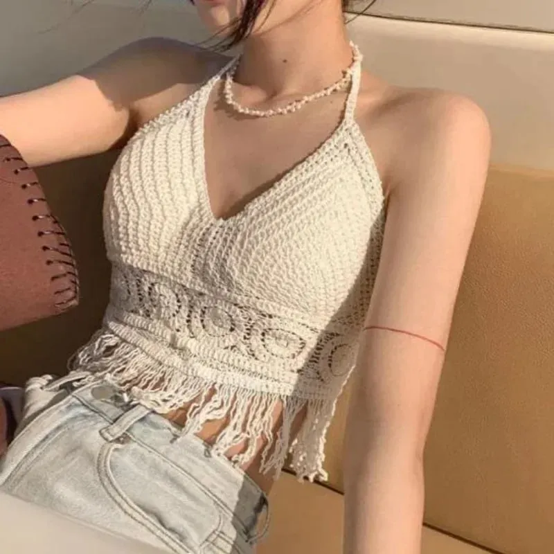Crop Tops Retro Wild Hollow Perspective Tassel Sexy Spaghetti Strap Tanke Top Women Built In Bra New Back Lace Halter Neck — image 3