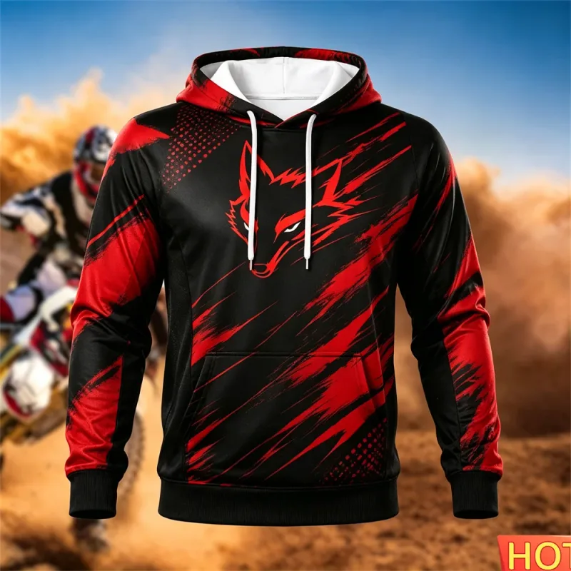 Sweat à capuche de course pour hommes, automne/hiver, cyclisme en plein air, pull à capuche, motif renard, poche, sport, moto, sweat-shirt à capuche — image 8