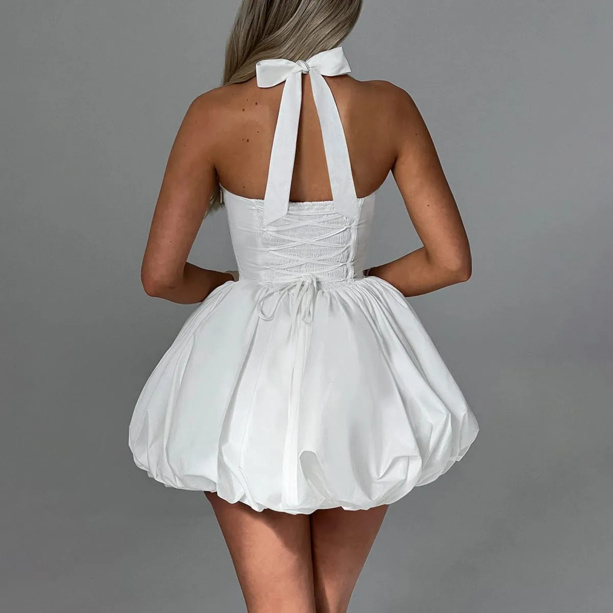 Women Bubble Halter Mini Dress Elegant Summer Sleeveless Tie up Backless Corset Evening Party Club Short Dress Y2K Streetwear — image 4