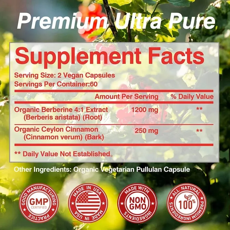 Berberine Capsules - with Ceylon Cinnamon - Blood Sugar Balance Cardiovascular Health Aid Digestion Promote MetabolismSupplem — image 3