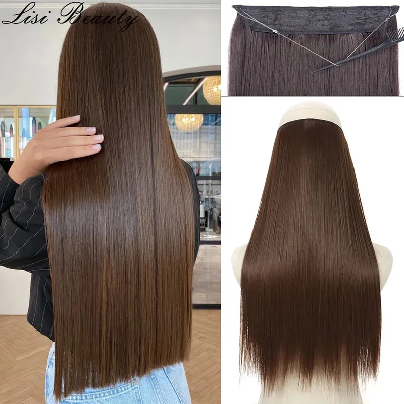 No Clips Hair Extensions Invisible Wire Long Straight Synthetic False Hair Piece 80cm Black Brown Blonde Hairstyle — image 2