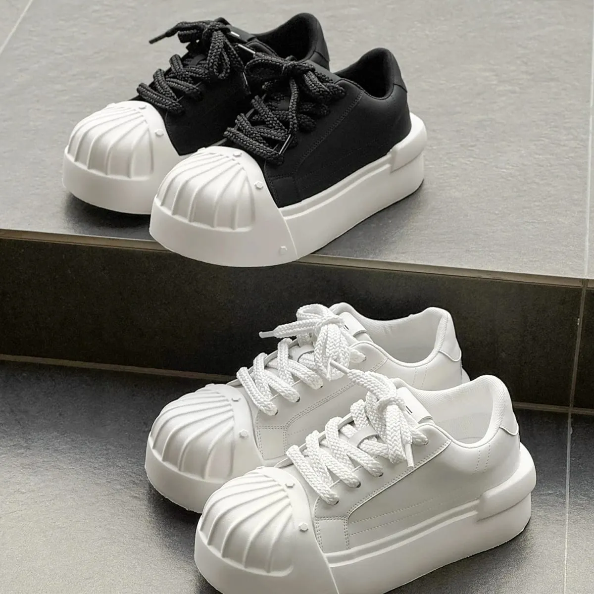 Wanita Lelaki Sneakers Low-top Shell-head PU Kulit Tapak tebal Mentinggikan Uniseks Riadah Bergaya Kasut Retro Lelaki Jurulatih Chunky — image 5
