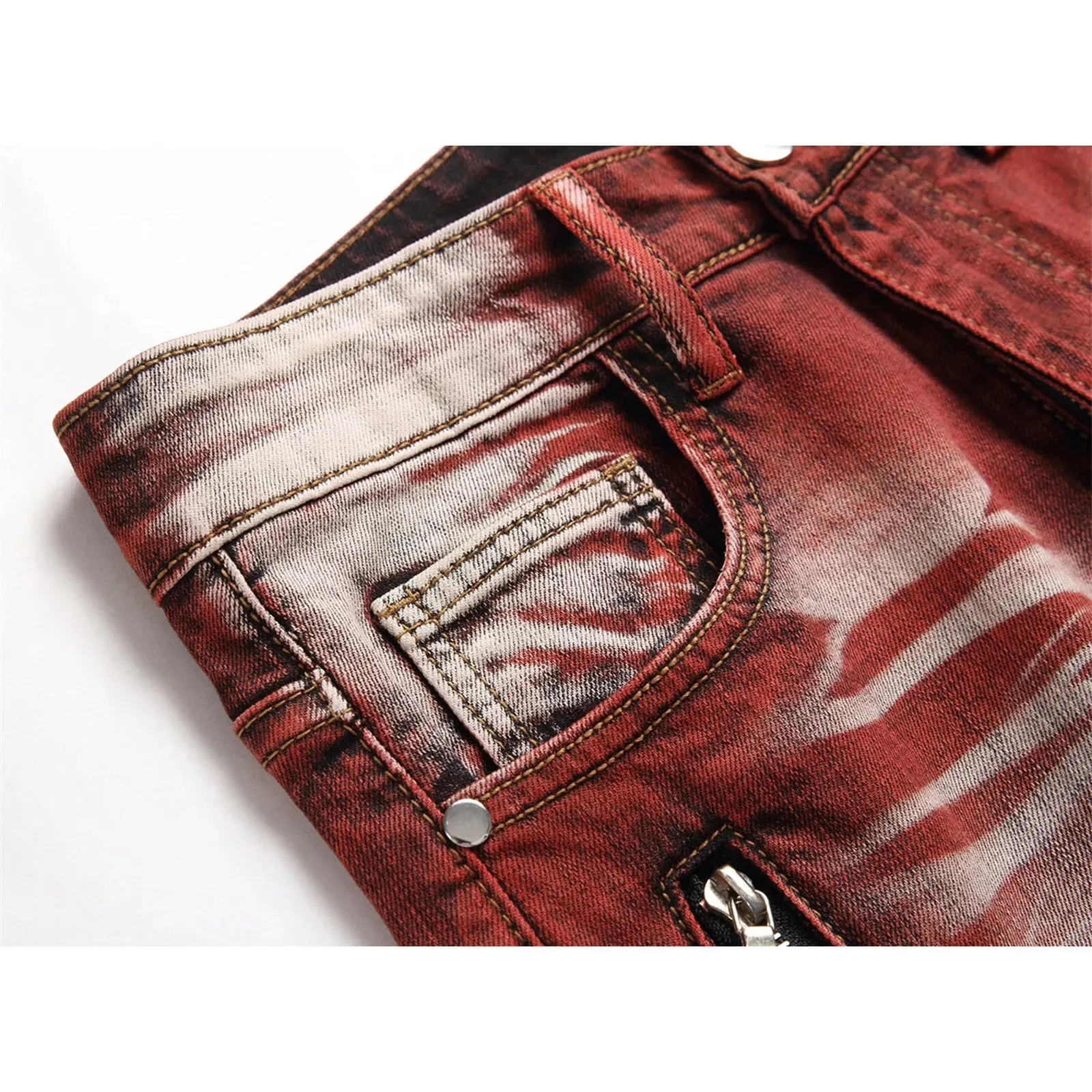 New Motorcycle Style Stretch Hole Beggar Street Tie Dye Gradient Color Personality Fashion Denim Business Stretch Men'S Jeans — image 2