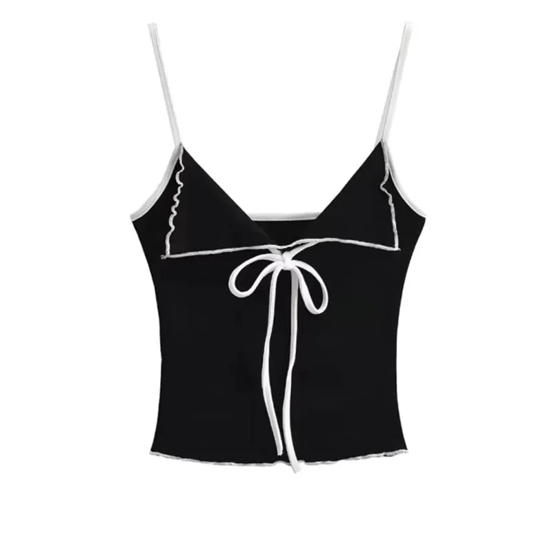 Atasan Cami Y2K dengan Tank Top Crop Tali Spaghetti Depan Simpul Pita Pakaian Atasan Anak Perempuan Shoujo Wanita Musim Panas