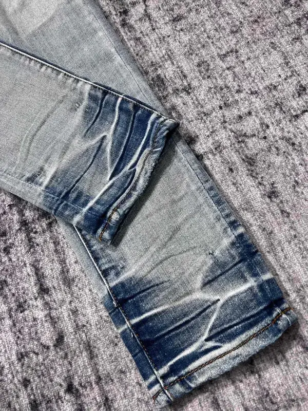 Discount men red bandana patches distressed blue jeans