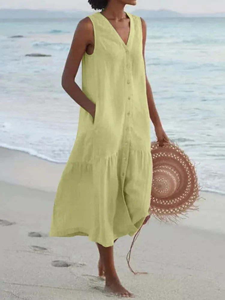 Musim Panas Longgar Kasual Patchwork Cotton Linen Pocktes Gaun V Leher Gaya Pantai Gaun Tanpa Lengan Vintage Club Midi Solid Wanita Pakaian — image 3