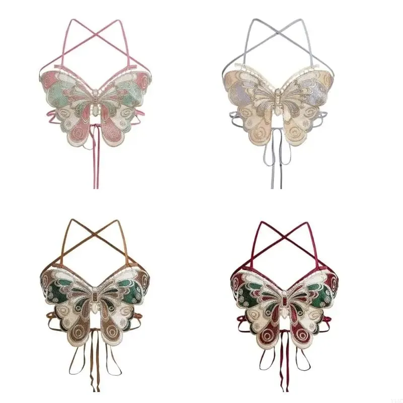 Y1AC Women Strappy Backless Beach Crop Top Butterfly Embroidery Halterneck Camisole — image 1