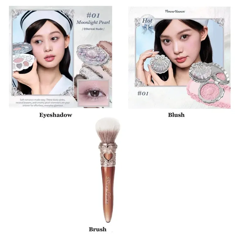 Flower Knows Moonlight Mermaid Series Glitter Eyeshadow Palette High Pigment Shell Jewelry Blush Makeup Brush Set Matte Finish