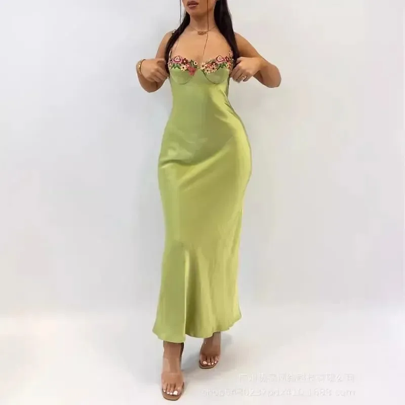 2024 Spring Summer New Women's Clothing Solid Color Embroidered Stitching Satin Sling Slim Dress — image 3