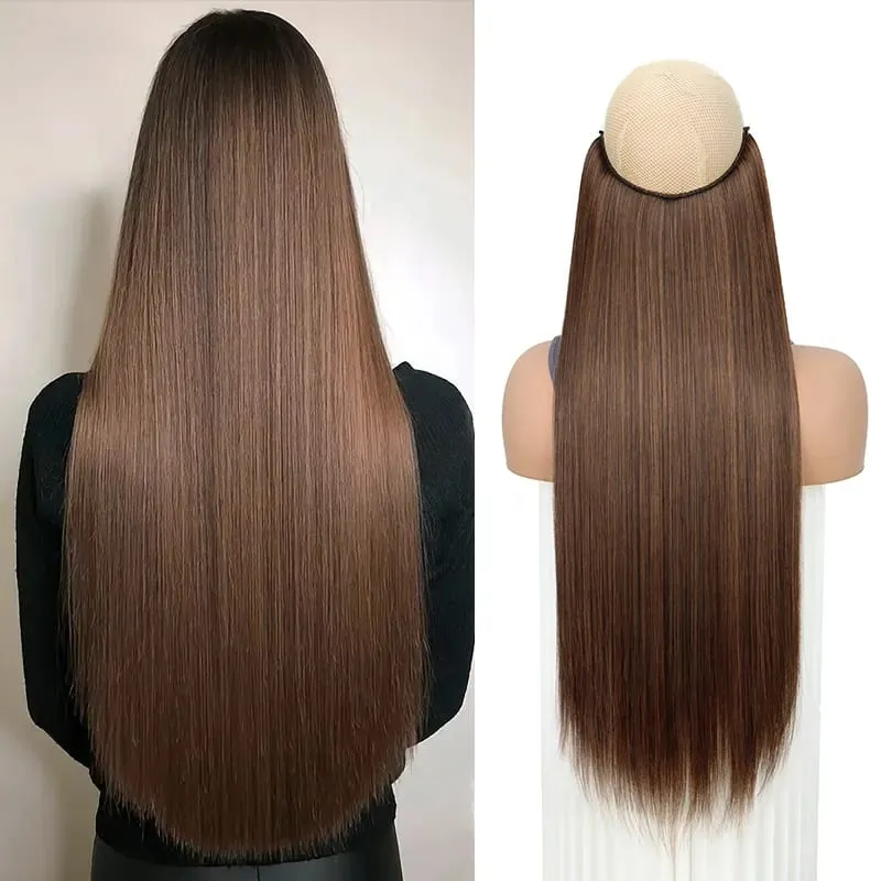 24Inch Synthetic No Clips In Hair Extension Fish Line Invisible Black Blonde One Piece Long Straight Fake Hair Piece for Women