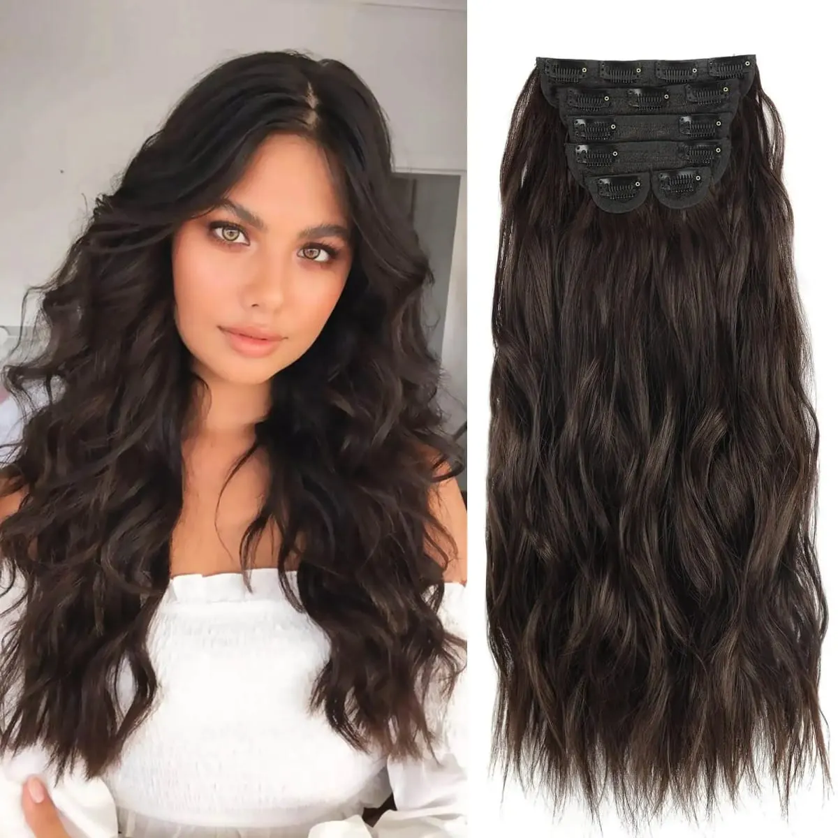 Synthetic Long Wavy Clip In Hair Extensions 20" Thick Hairpiece 6pcs/set For Women Brown Blonde Black Natural Fake Fiber Hair — image 9