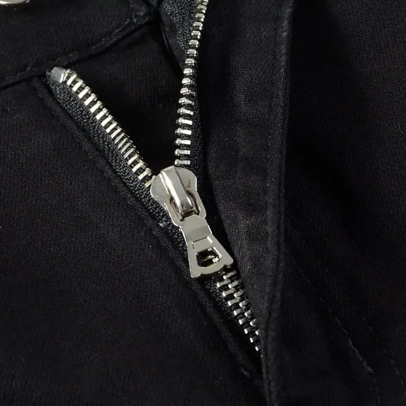 Men Cracked Silver Leather Patch Biker Jeans Streetwear Skinny Tapered Stretch Denim Pants Holes Ripped Patchwork Black Trousers — image 4