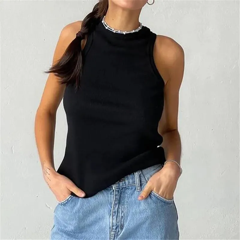 Ribbed Knitted Tops Neck Summer Basic Shirts White Black Casual Sport Vest Off Shoulder Green Women's Tank Top — image 7