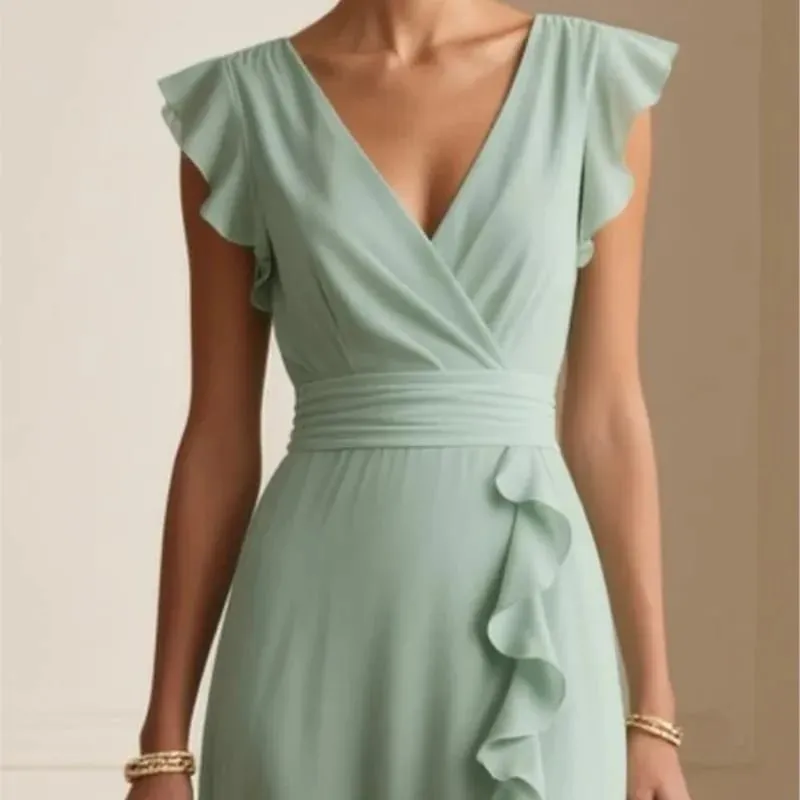 Women's Elegant Solid Color Ruffle Sleeveless Sexy V-Neck Long Dress Fashionable Bohemian Women's Party Evening Maxi Dresses — image 5