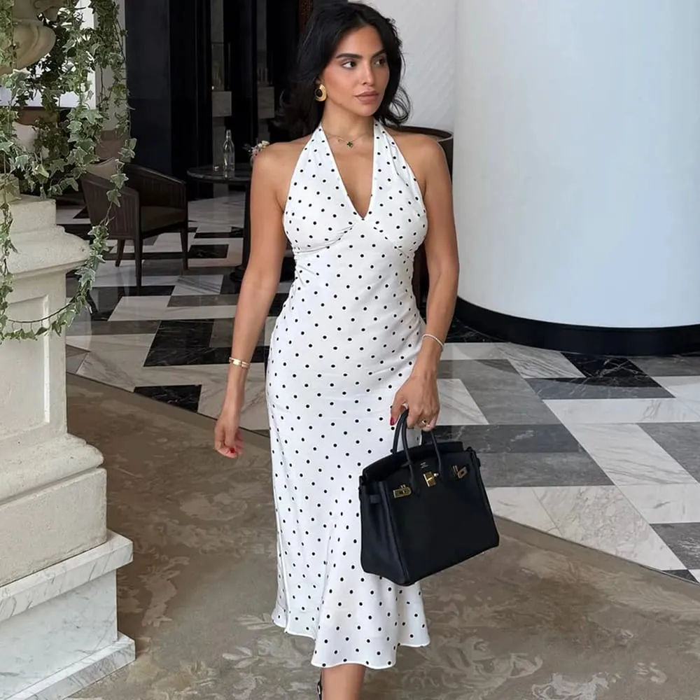 Tuularose Abito lungo con collo appeso a pois Abito da donna elegante senza spalline Sexy con lacci senza maniche Backless Fashion Club Abiti da festa — image 4
