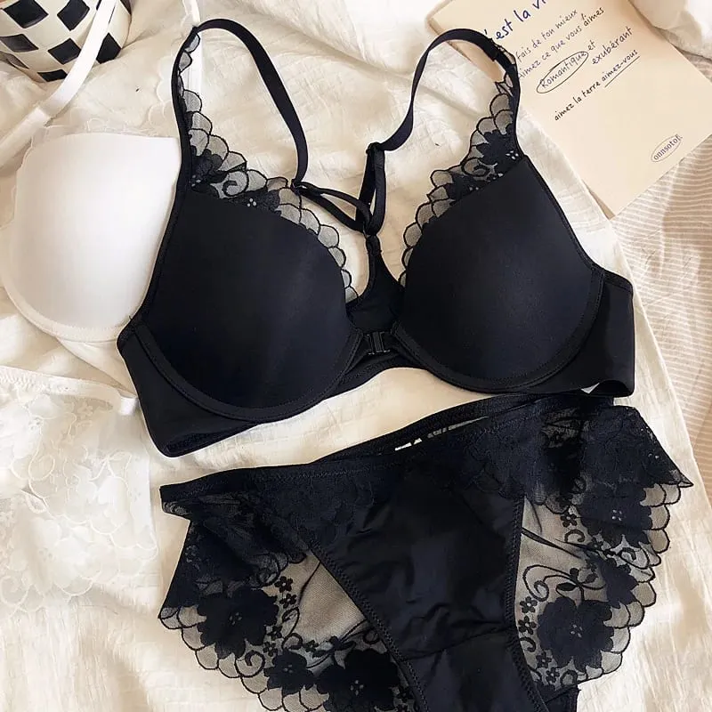 Thin Glossy Cup Cross Backless Lace Front Closure Bra and Panties Set with Push Up Underwear Women Beautiful Sexy Lingerie