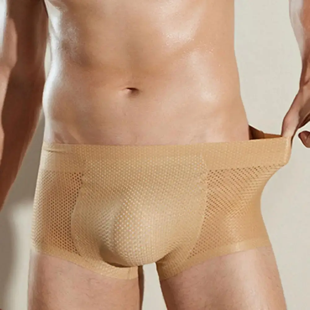 Men Underpants Butt Lifted See-through Hollow Out Breathable Thick Fake Butt High Elastic Solid Color Men Boxers Underwear — image 2