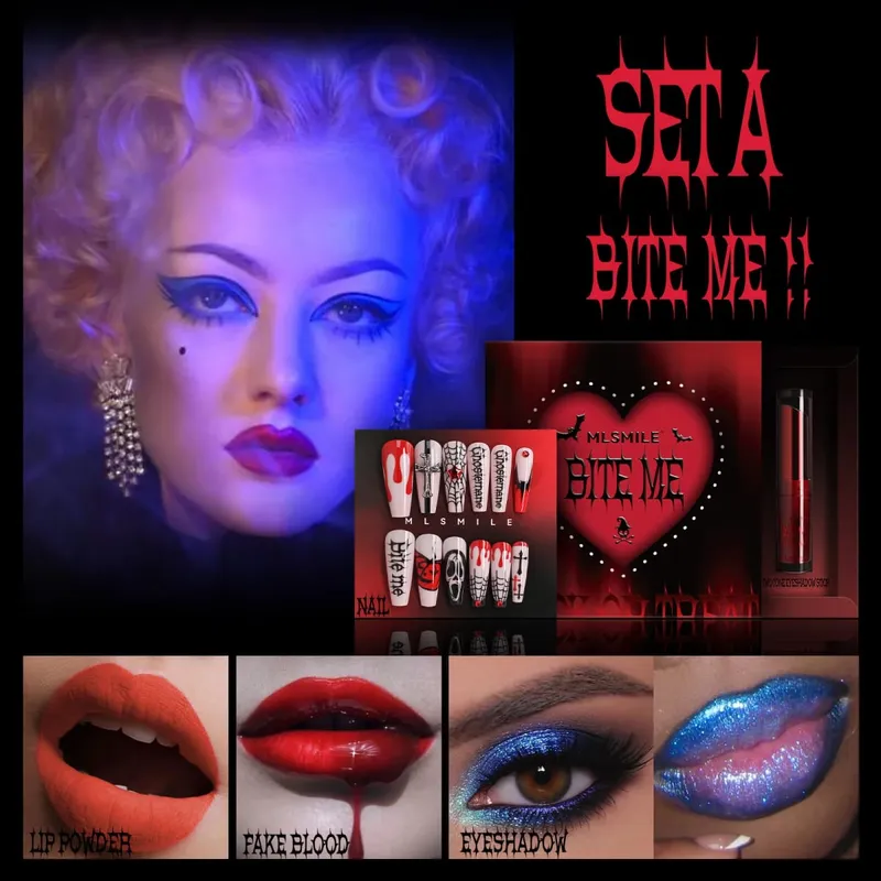 Halloween Makeup Set with Fake Blood Lip Tint Eyeshadow &3D Self-Adhesive Nail Art Stickers Special Effects Makeup Set Party SFX — image 5