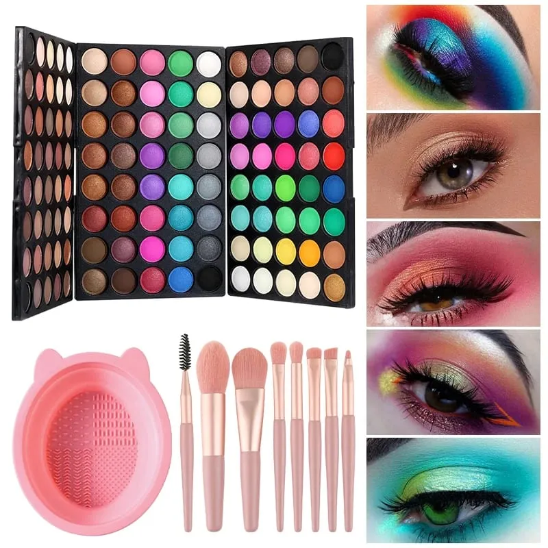 3pcs Makeup Kit 120 Colors Eyeshadow Palette With 8Pcs Makeup Brushes & Foldable Silicone Brush Cleaning Bowl for Daily Parties — image 2
