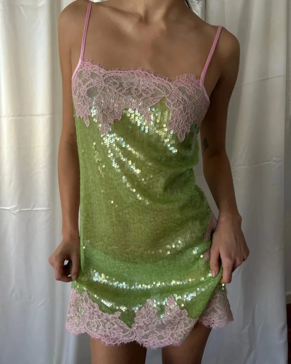 Frauen Floral Spitze Pailletten Mini Slip Kleid Spaghetti Strap Schatz Hals Bodycon Roben 2026 Sommer Neue Party Urlaub Kleider