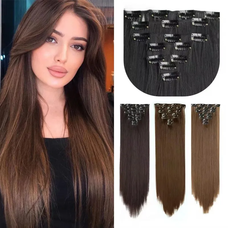 Long Straight Synthetic 16 Clips In Hair Extensions 7Pcs/Set High Temperature Fiber Black Brown Blonde Hairpiece For Women — image 2
