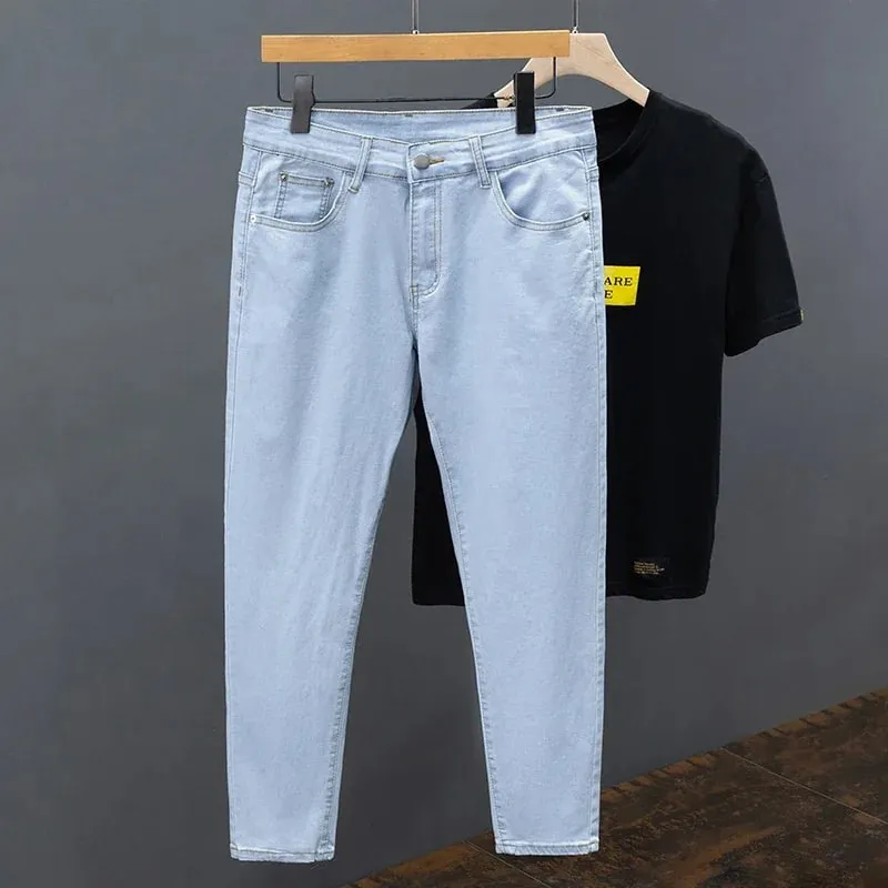 Slim Fit Men's Jeans Spring Summer Thin Cotton Soft Elastic Trendy Ankle Length Pants Straight Korean Simple Denim Trousers — image 4