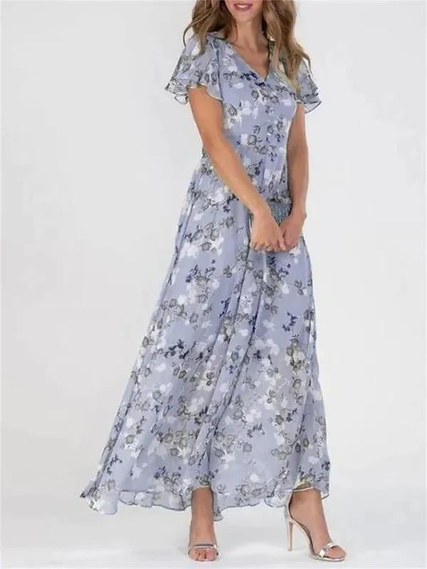 Women Elegant Ruffle Short Sleeve V Neck Pullover Dresses Sweet Style Small Flower Print High Waist Dress Female New Casual Gown — image 4