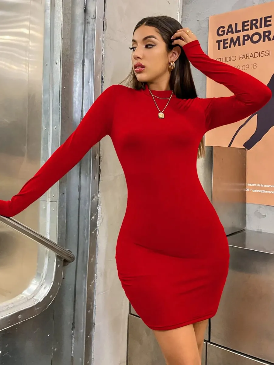 Long Sleeve Slim Bodycon Mini Dress Women Turtleneck Pleated Party Ruched Short Evening Club Outfit Soild Color — image 4