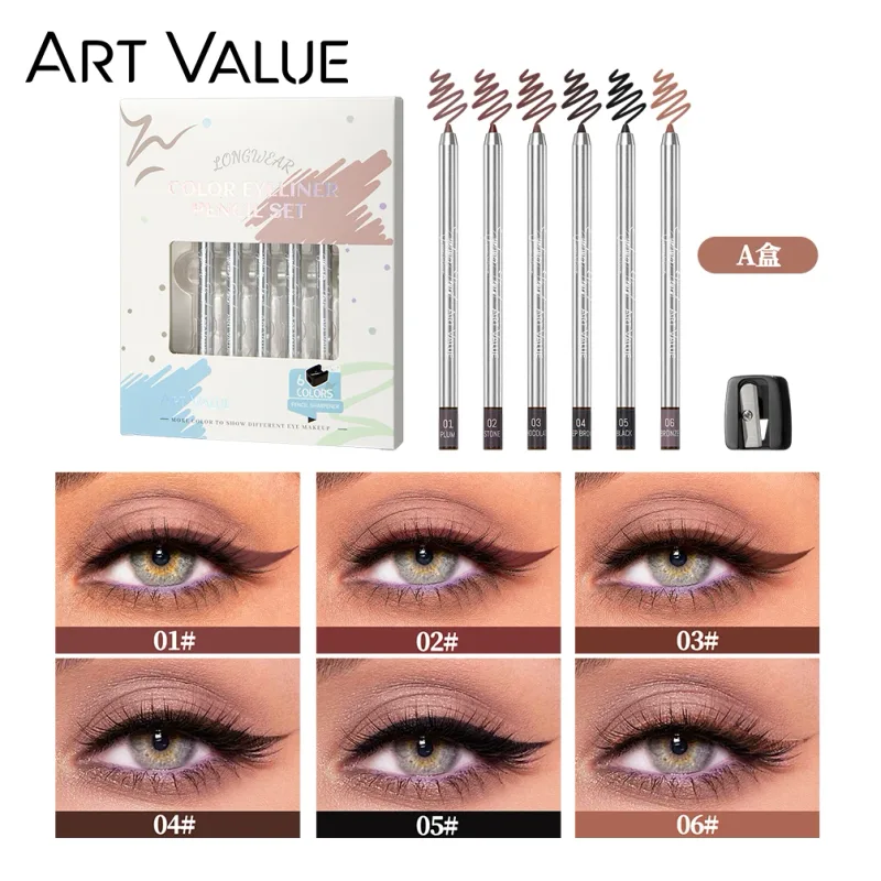 ART VALUE 6 PCS Pearlescent Eyeshadow Sets Waterproof Glitter Shimmer Highlighter Eye Shadow Pencil Eyeliner Pen Cosmetics Kits