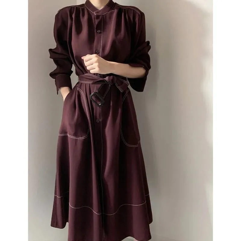 Spring Autumn Single Breasted Women's Shirt Dresses Sashes 2024 New Stand Collar Korean Casual Straight Dress Female