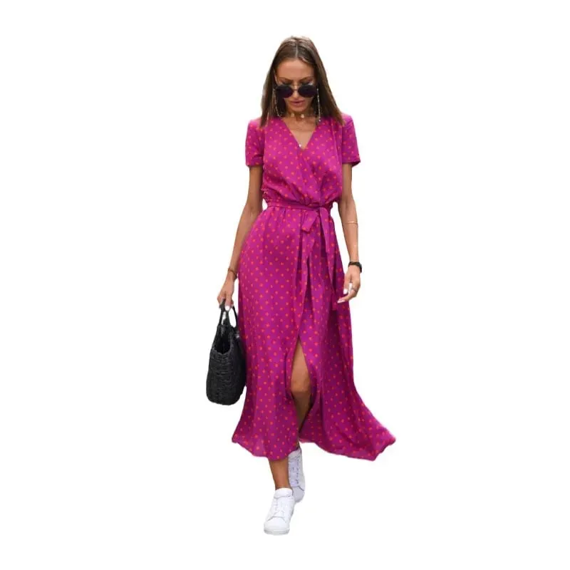 Printed Dress 2025 Summer V-neck Split Fork Medium and Long Group European and American Cross-border Women's Clothing