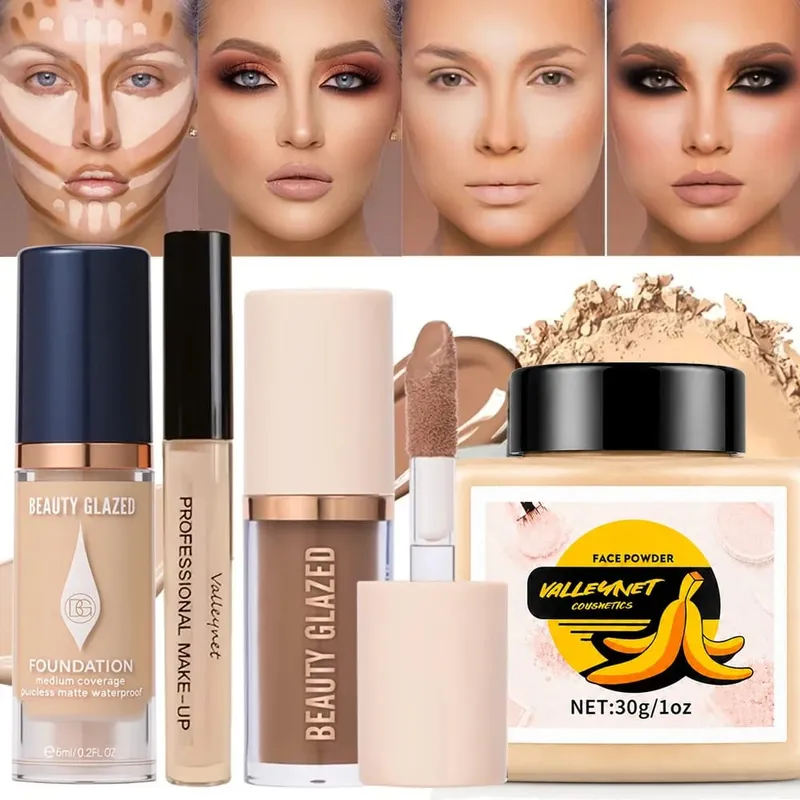 4pcs Face Makeup Set:High-Coverage Concealer Lightweight Foundation 3D Contouring Cream And Oil-Controlling Setting Powder — image 1