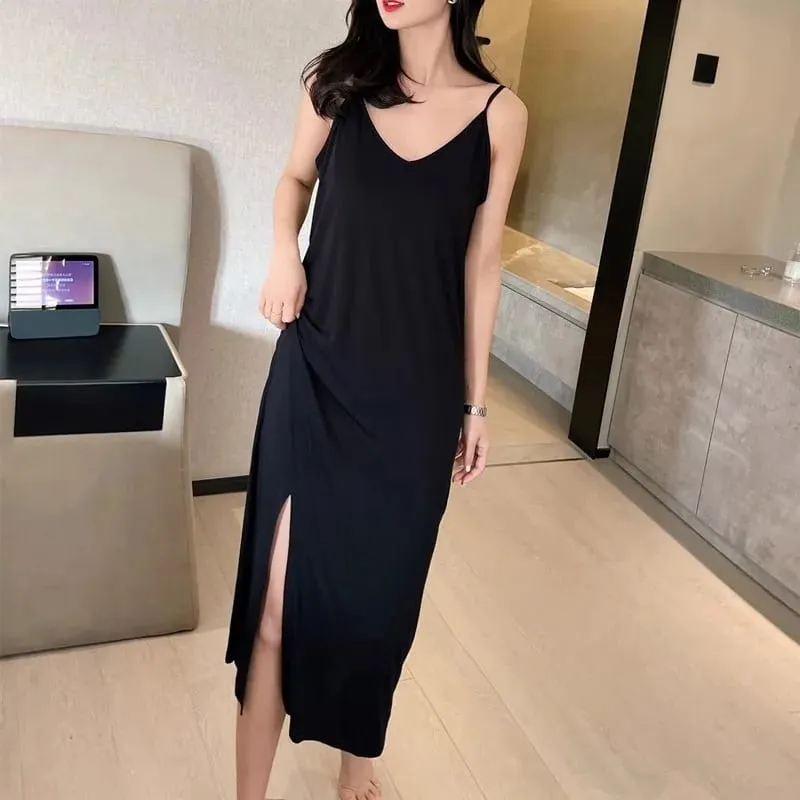 Womens Modal Full Slip Dress Underwear Veststrap Solid Long Under Dress Camisole Slips Inner Petticoat Women Intimates