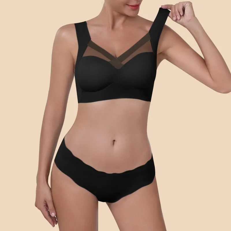 Set di biancheria intima senza cuciture da donna Set di t-shirt di bellezza con retro sottile in seta di ghiaccio senza fili e set di slip lisci. Abiti di lingerie in tinta unita — image 10