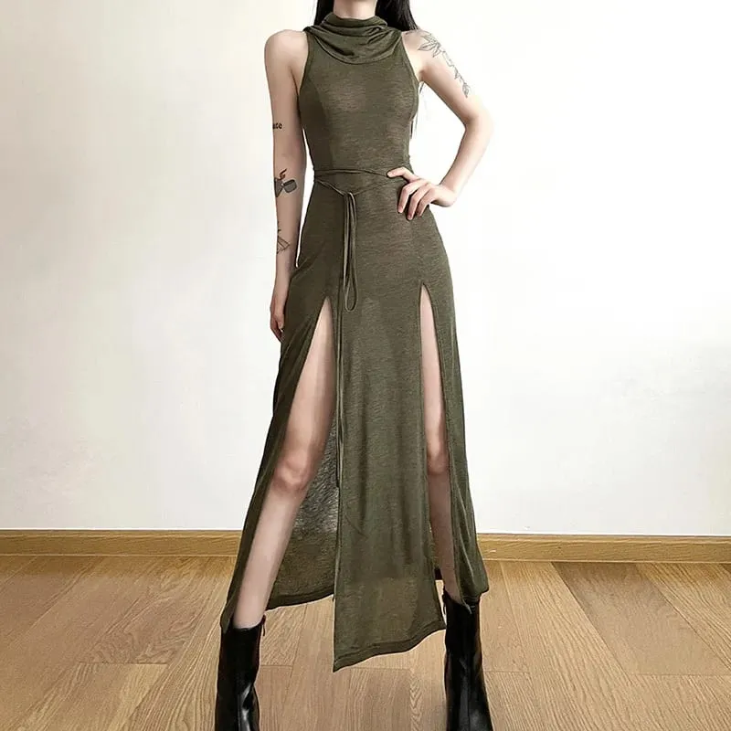 Goth Dark Cyber ​​Gothic Desert Walker Šaty s kapucí Y2k Punk Grunge Duté Midi Šaty Ženy Sexy Split Side Solid Streetwear