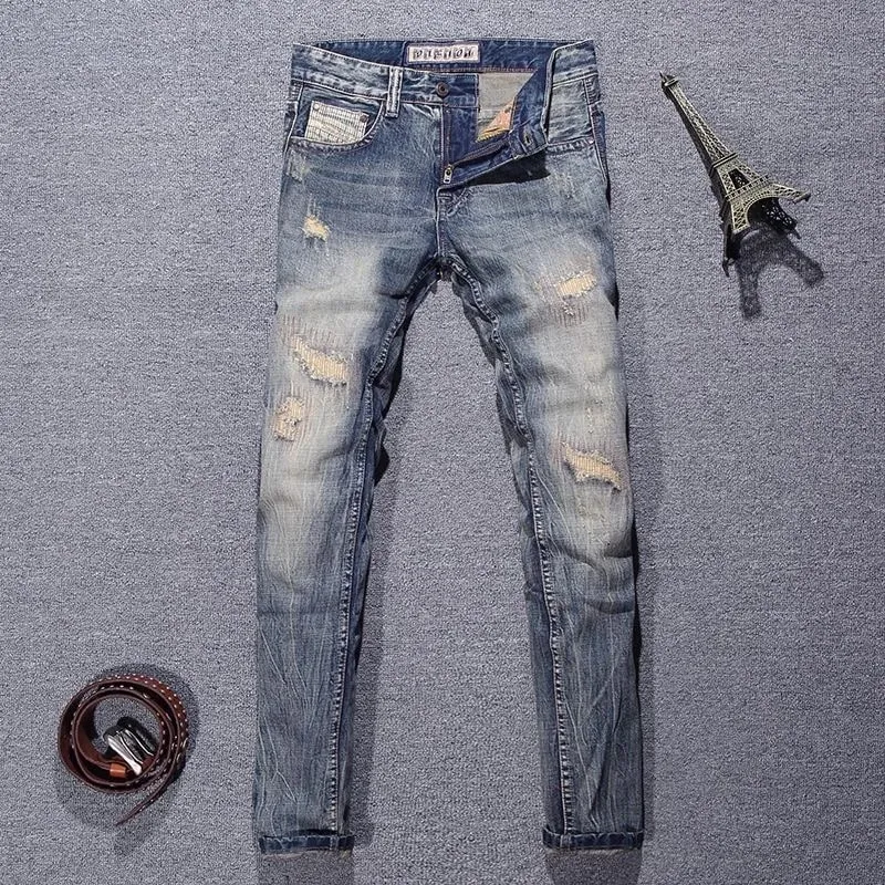 2023 Spring and Autumn New Classic Fashion Solid Color Ripped Small Foot Pants Men's Casual Comfort Elastic High Quality Jeans