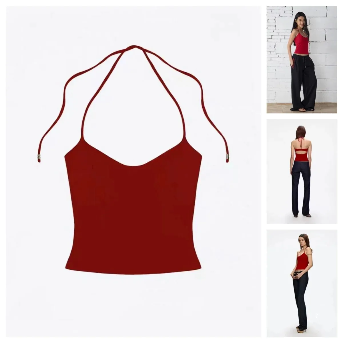 Tank summer red lace up halter top with cherry pink suspender and hollowed out back design — image 1