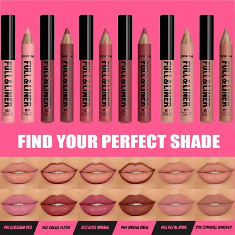 Matte Lip Liner Pencil Nude Brown Wooden Matte Lipstick Crayon for Women Smooth Long-lasting Waterproof Lip Contour Makeup