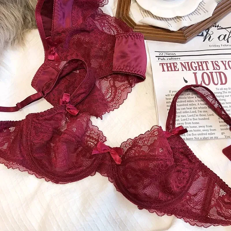 French Romantic Ultra-thin Lace Sexy Transparent Gathering Big Breasts Show Small Underwire Bra Cover Underwear Set Women — image 6