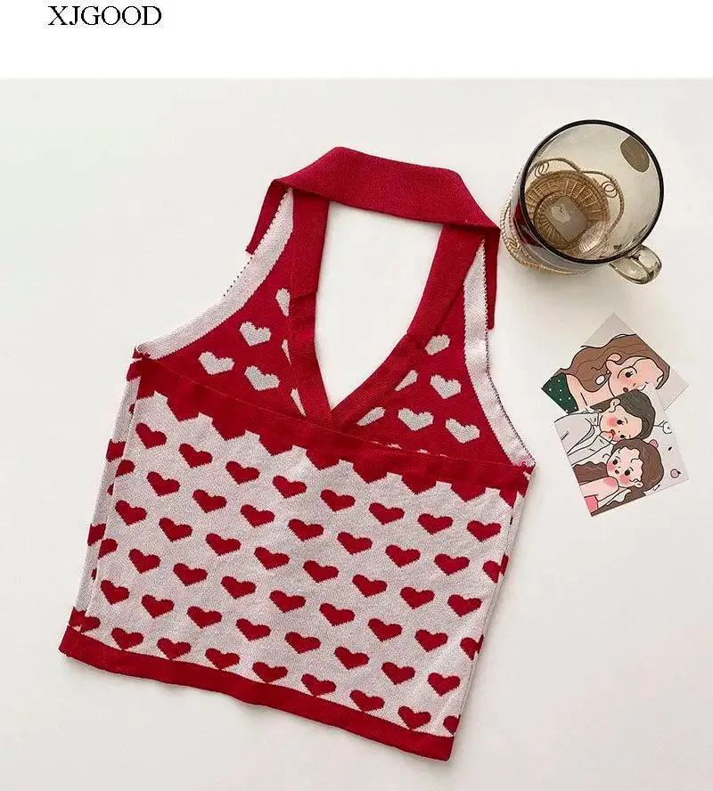 Y2k Heart Halter Vest Teengirl Button Front Sleeveless Collared Crop Top Women's Tanks and Cami Summer Vacation Outfit — image 5