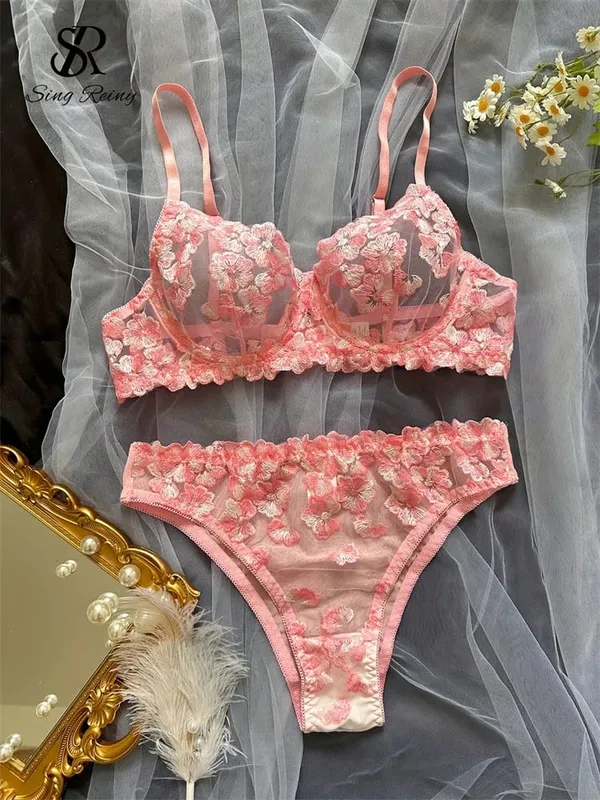 Lưới Sheer Quần Lót Hai Mảnh Phù Hợp Với Hoa Pháp Seusual Bộ Đồ Lót Nữ Thêu Áo Ngực Gợi Cảm & Quần Đùi Bộ — image 7