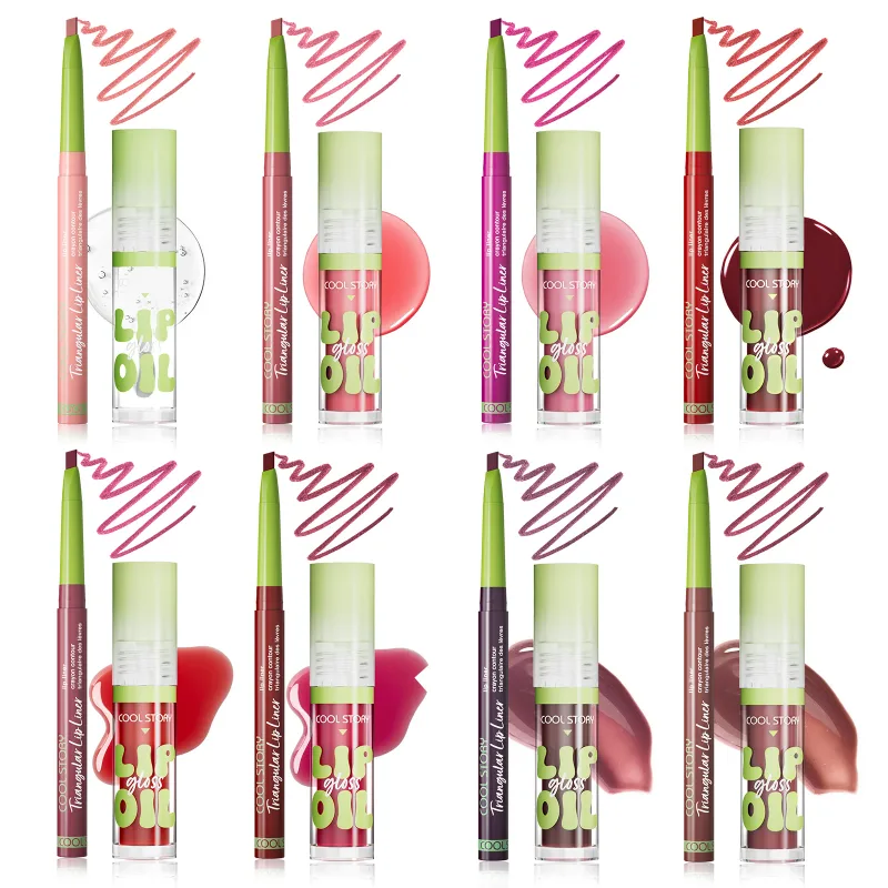 2 Buah Set Lip Liner Lip Gloss 2 In 1 Lipstik Kit Rias Kontur Bibir Halus Lipliner Matte untuk Wanita Kosmetik Kombo Minyak Menepuk-nepuk