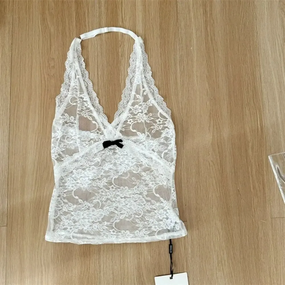 Elegant Mesh Lace Halter Vest V-neck Beachwear Lace-up Short Shirt Streetwear Spicy Girl Style Sweet Floral Camisole Party