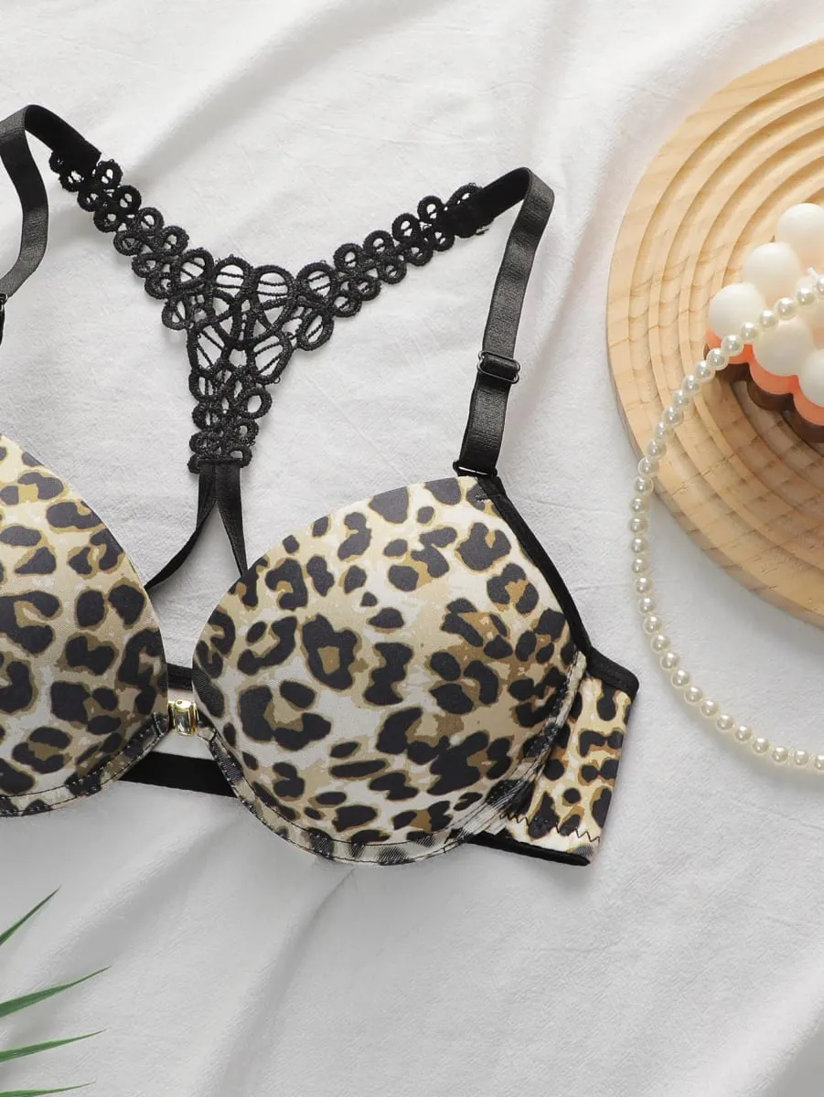 BH-Set mit Leopardenmuster, Vorderverschluss und Bügel, Push-up-Dessous-Set für Damen, sexy Spitzen-Bralette und Höschen, zweiteiliges Outfit
