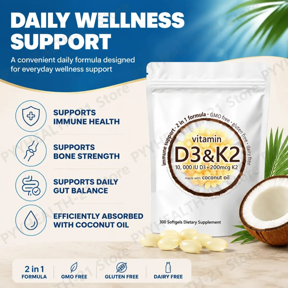 Vitamin D3 10000 IU K2 MK-7 200 mcg Softgels with Coconut Oil 2 in 1 Supports Strong Bones Immune Function Heart Health 300 Ct — image 3