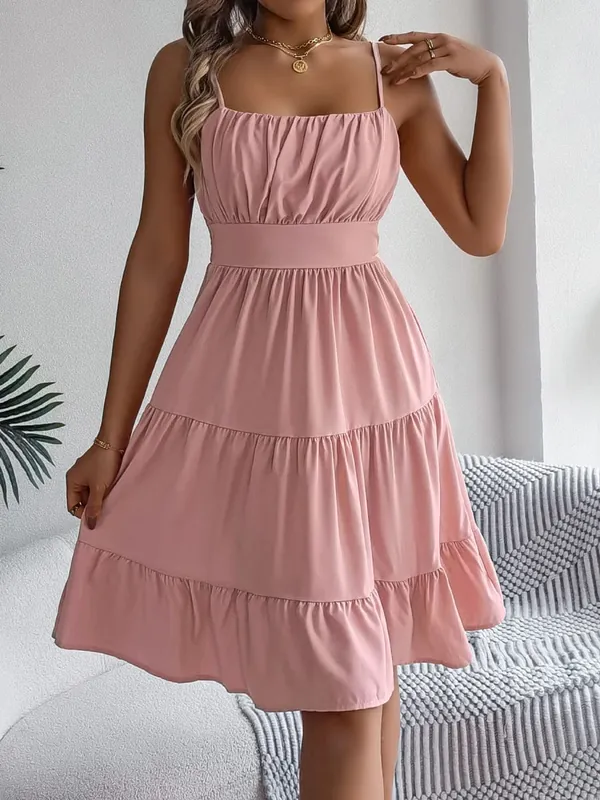 Casual Vacation Ruffled Camisole Dress Spring Summer Women's Solid Dresses for 2026 Valentine's Day Woman Clothing Pink Blue — image 2