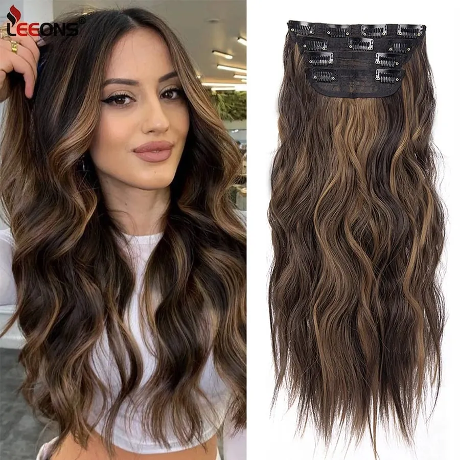 Leeons Wavy Clip In Hair Extensions 4 PCS Natural Soft Long Wavy Hairpieces Thick Double Weft Clip In Hair Extensions For Woman — image 2