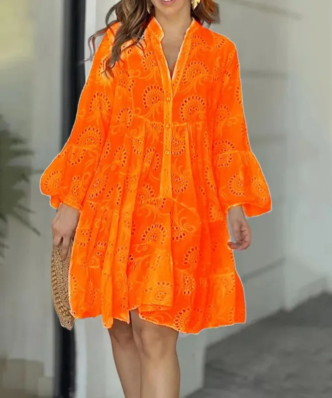Customizable Summer Loose Vintage Solid Lace Dress Fashion V-neck Flare Sleeve Embroidery Dress — image 7